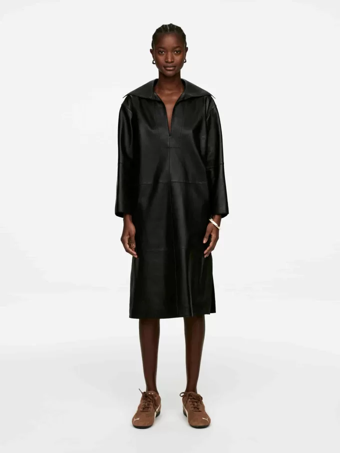Open-Collar Leather Dress