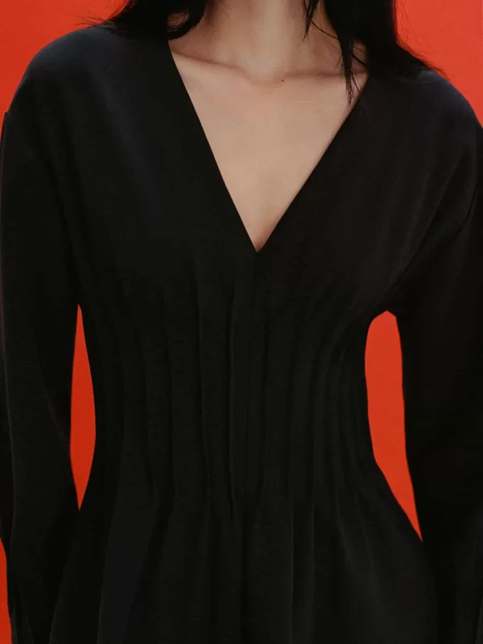 V-Neck Pleat Dress