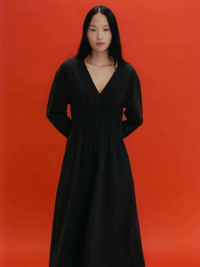 V-Neck Pleat Dress
