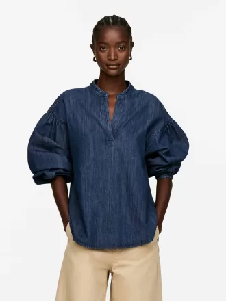 Volume-Sleeve Denim Blouse